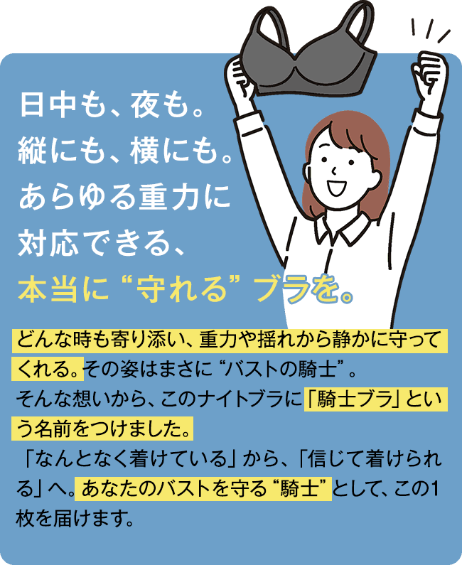 日中も、夜も。縦にも、横にも。あらゆる重力に対応できる、本当に”守れる”ブラを。